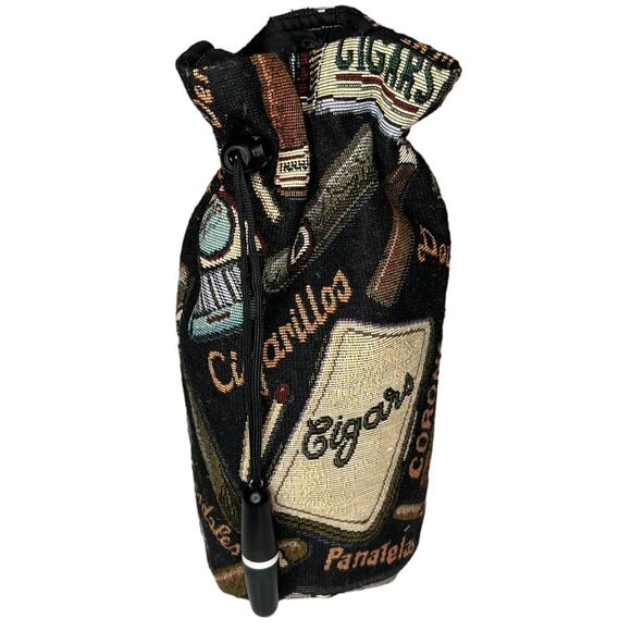 VINTAGE Cigar Tapestry Print Wine Drawstring Tote Coozie CORKSCREW ATTACHED - Picture 1 of 6